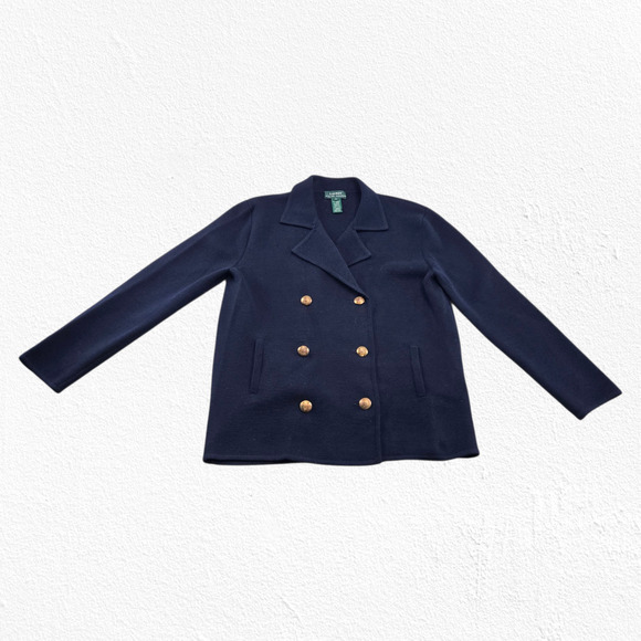 Vintage Lauren Ralph Lauren Navy Merino Wool Double Breasted Blazer Size Medium - Picture 6 of 7